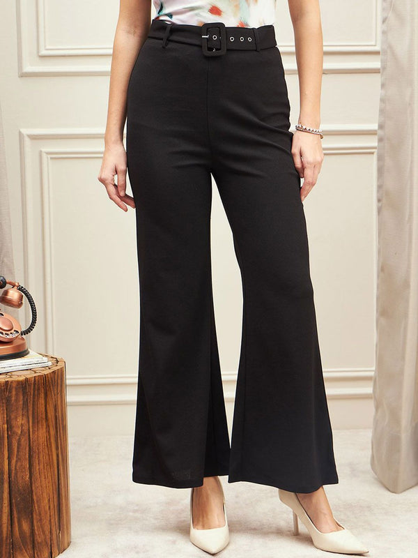 Berrylush Women Relaxed Flared High-Rise Trousers