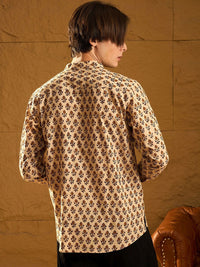 DENNISON Floral Block Printed Mandarin Collar Cotton Short Kurta