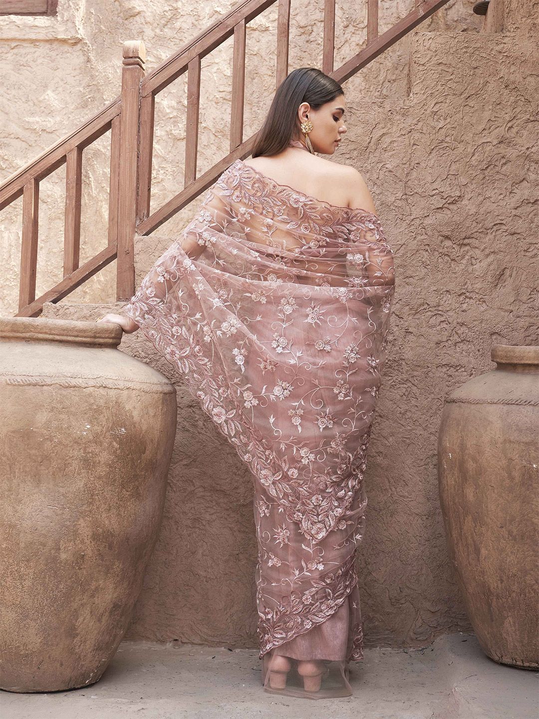 Tikhi Imli Floral Embroidered Net Saree With Scalloped Border