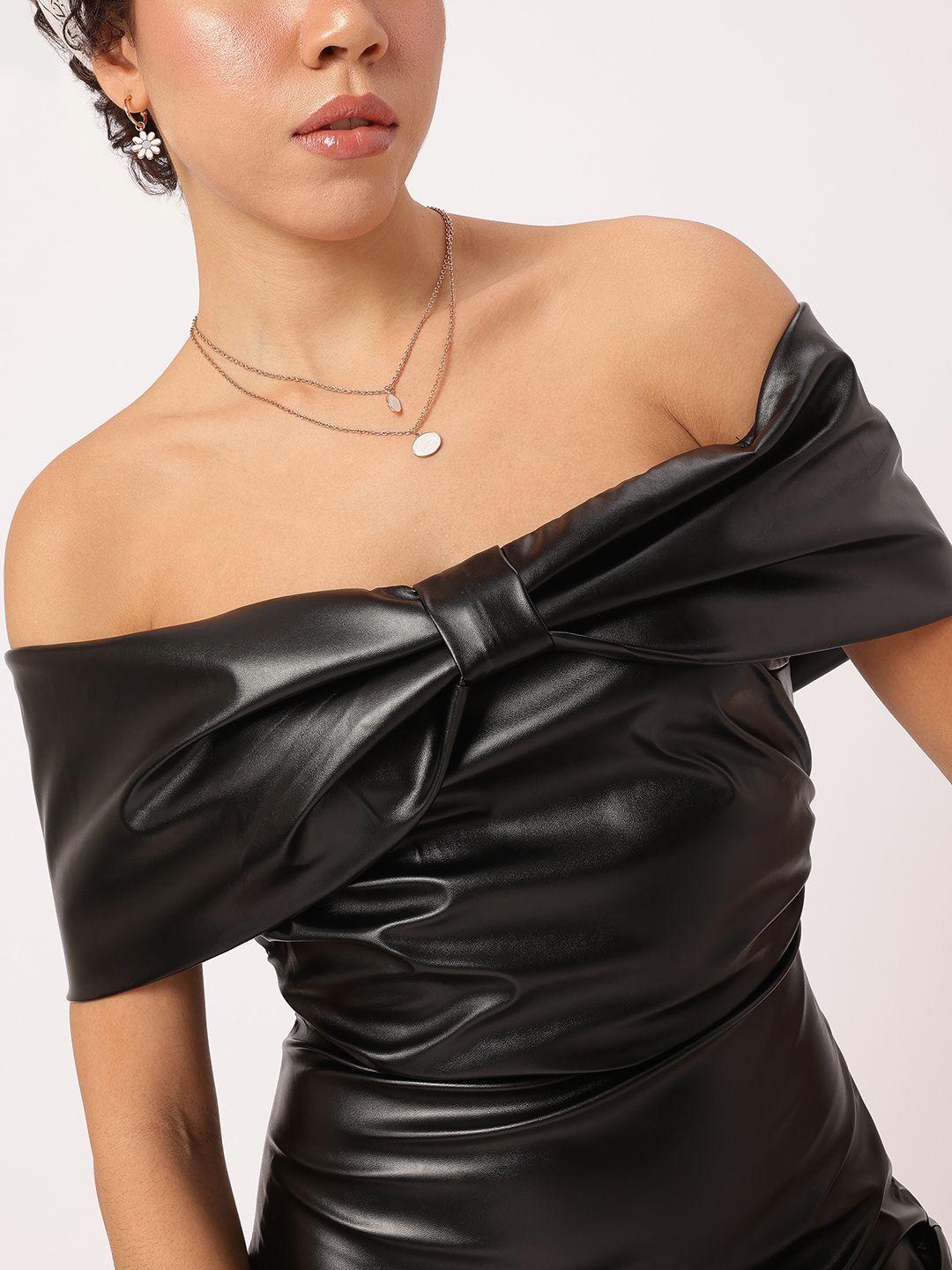 DressBerry The Off-Shoulder Oasis Bow Faux Leather Mini Bodycon Dress