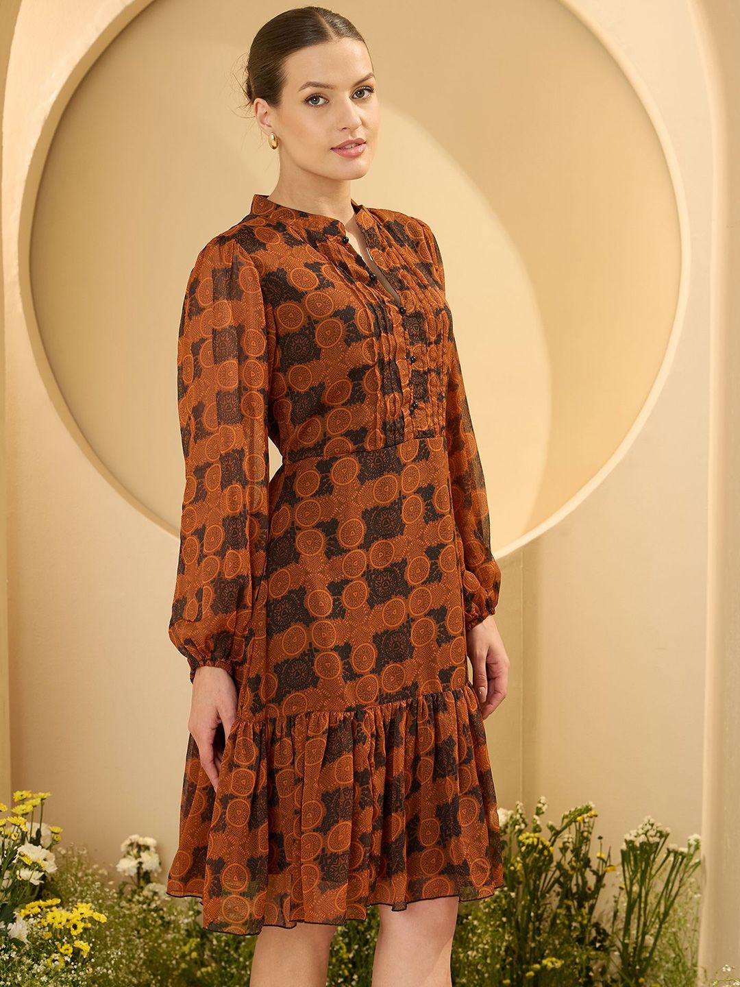 Antheaa Women Floral Print Bell Sleeve Chiffon A-Line Dress