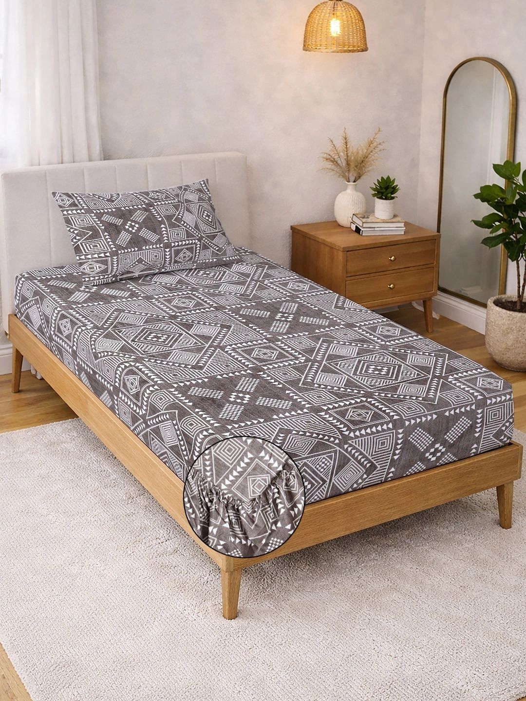 Myntra Elegant Homes Brown Geometric 300 TC Single Bedsheet with 1 Pillow Covers