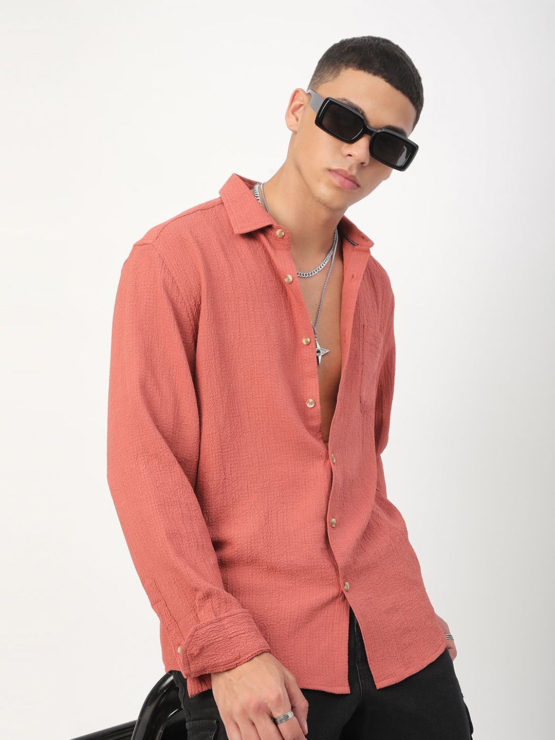 VASTRADO Men Classic Spread Collar Textured Casual Shirt