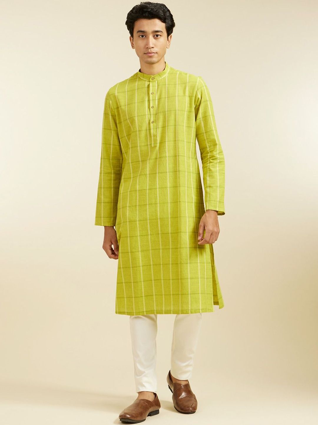 Diwas by Manyavar Checked Mandarin Collar Cotton Straight Kurta