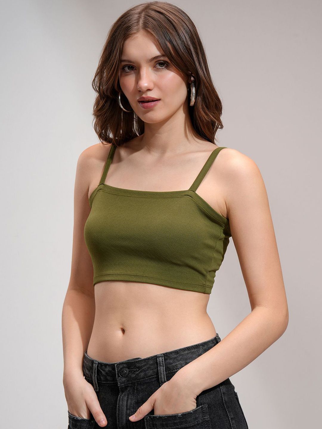 Tokyo Talkies Women Solid Shoulder Strap Crop Top