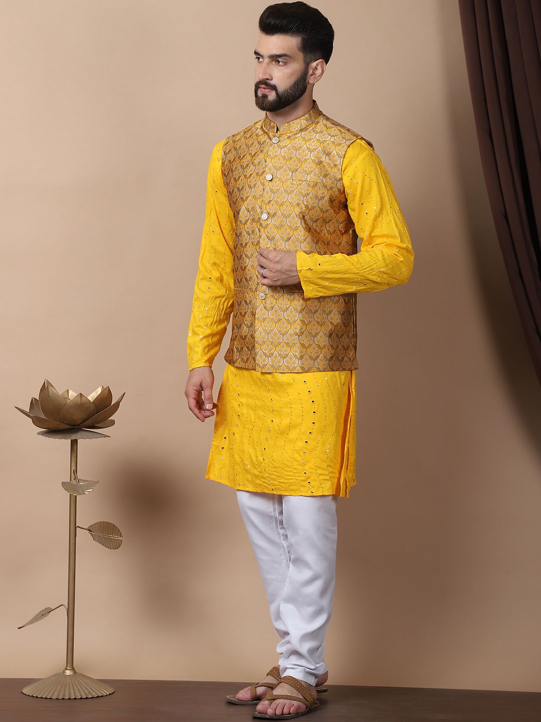 Anouk White Leheriya Embroidered Sequinned Pure Cotton Kurta with Churidar & Nehru Jacket