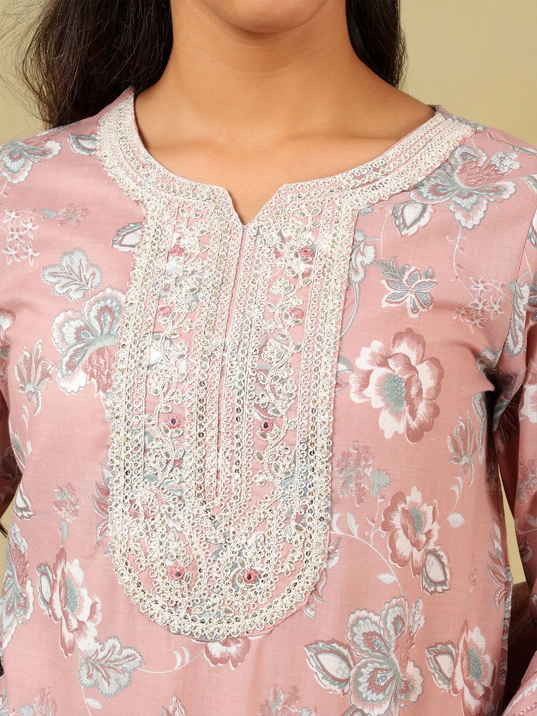 Mamicha Wanita Bercetak Bunga Benang Biasa Bekerja Kapas Tulen Kurta dengan Seluar & Dengan Dupatta