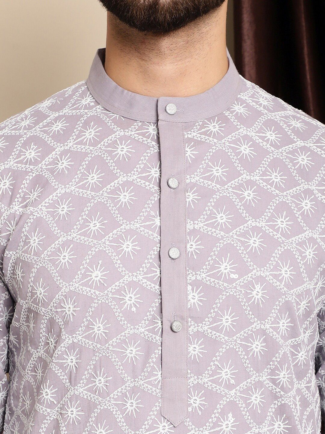 Anouk Lavender & White Floral Embroidered Thread Work Pure Cotton Kurta With Churidar