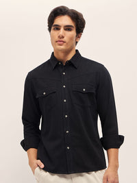 THE BEAR HOUSE Men Spread Collar Solid Cotton Casual Shirt