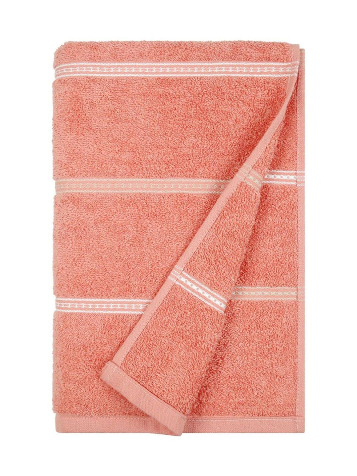 MYTRIDENT Peach-Coloured & White Striped Cotton 450 GSM Bath Towel