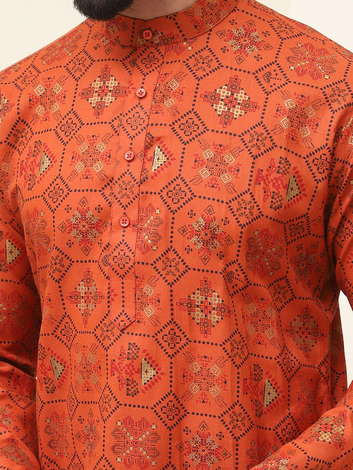 SOJANYA Ethnic Motifs Printed Mandarin Collar Cotton Linen Straight Kurta with Pyjamas