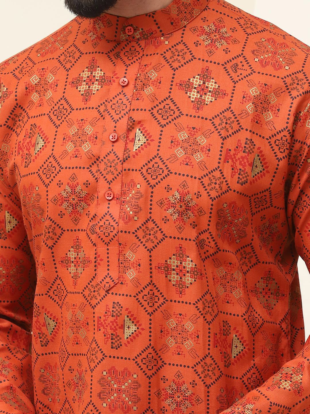 SOJANYA Motif Etnik Bercetak Kolar Mandarin Linen Linen Kurta Lurus dengan Piyama