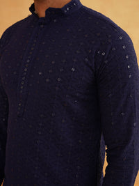 SOJANYA Chevron Embroidered Sequinned Mandarin Collar Pure Cotton Kurta With Churidar