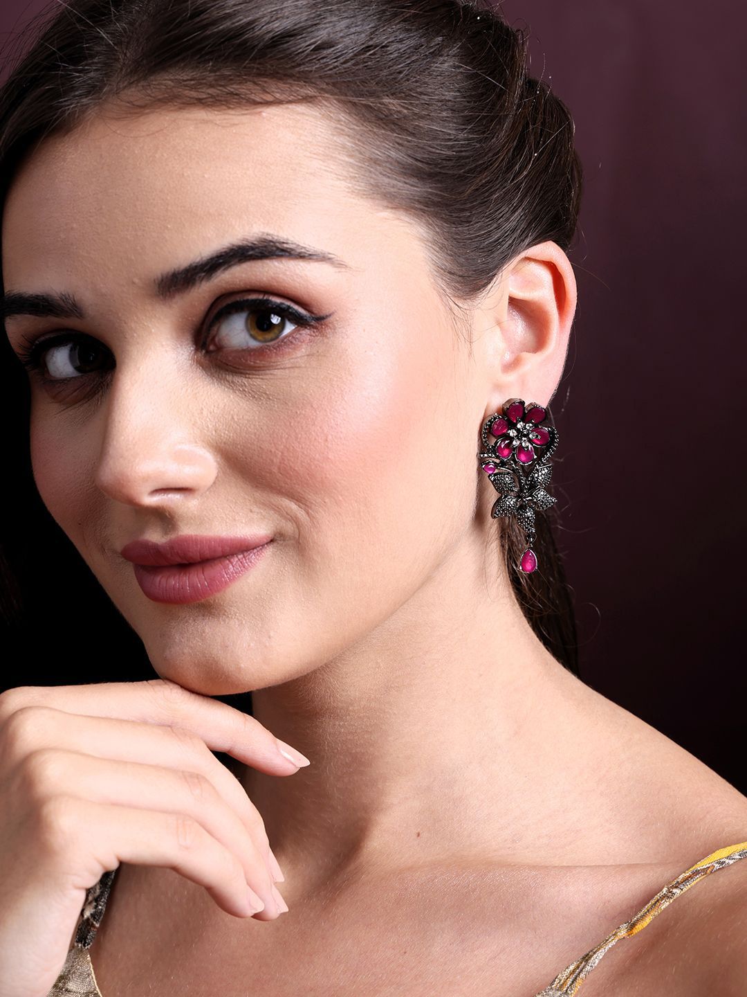 PANASH Silver-Plated Cubic Zirconia Studded Contemporary Drop Earrings