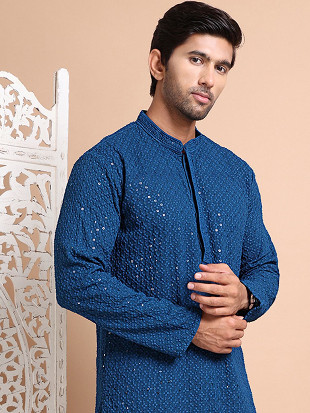 Anouk Men Embroidered Regular Sequinned Pure Cotton Kurta with Pyjamas