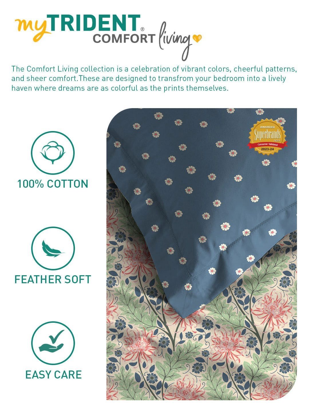 MYTRIDENT Serene Blue Comfort Living Flat 120TC Queen Cotton 1 Bedsheet & 2 Pillow Covers