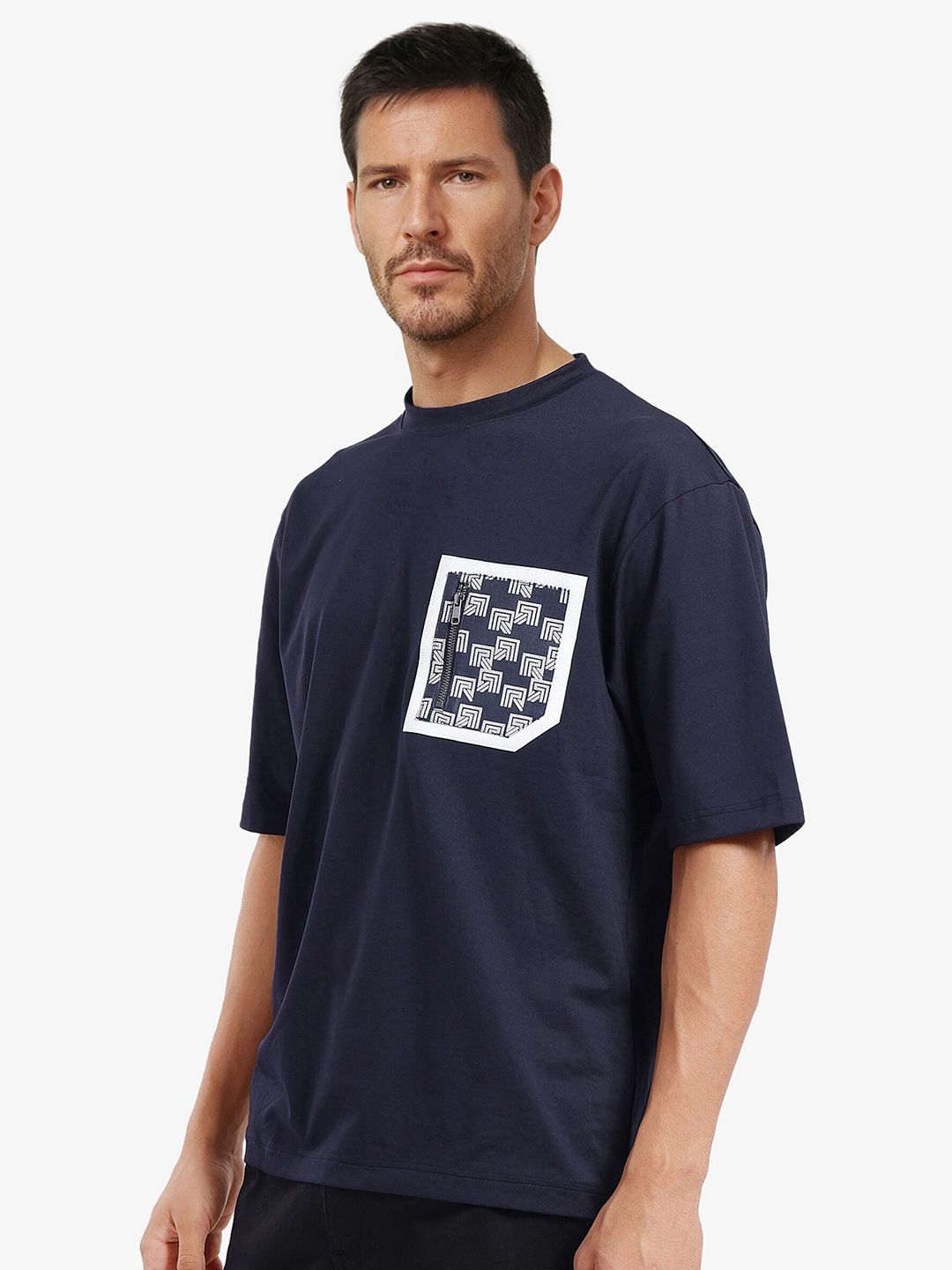 RARE RABBIT Men Solid Round Neck Cotton Oversized T-shirt