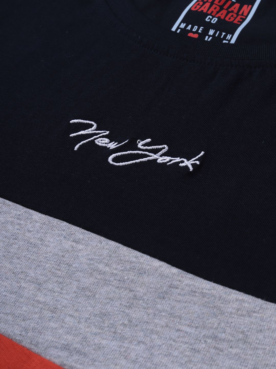 The Indian Garage Co Men Grey Melange  Navy Blue Colourblocked Round Neck Pure Cotton T-shirt