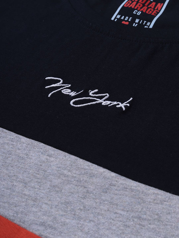 The Indian Garage Co Men Grey Melange  Navy Blue Colourblocked Round Neck Pure Cotton T-shirt