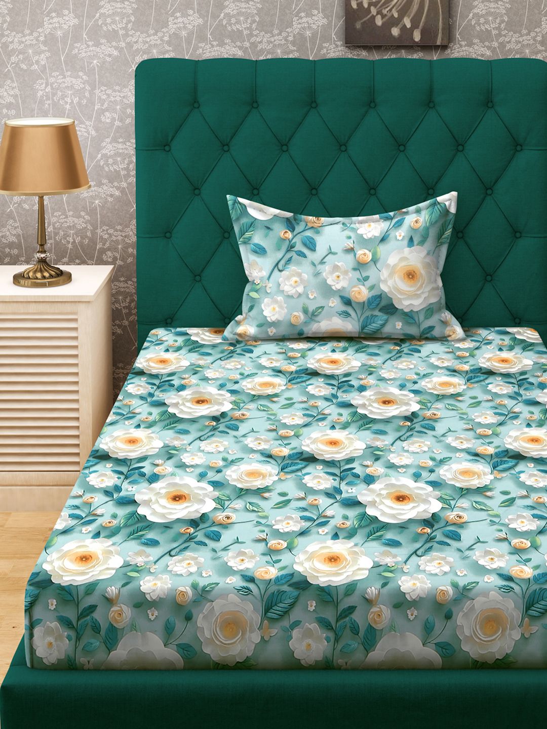 KLOTTHE Turquoise Blue Floral Printed Flat 300 TC Single Cadar 7D Dengan Sarung Bantal