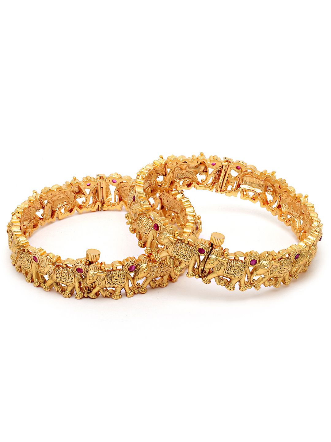 KARATCART Set Of 2 Gold-Plated & Pink Stones-Studded Rajwadi Temple Bangles