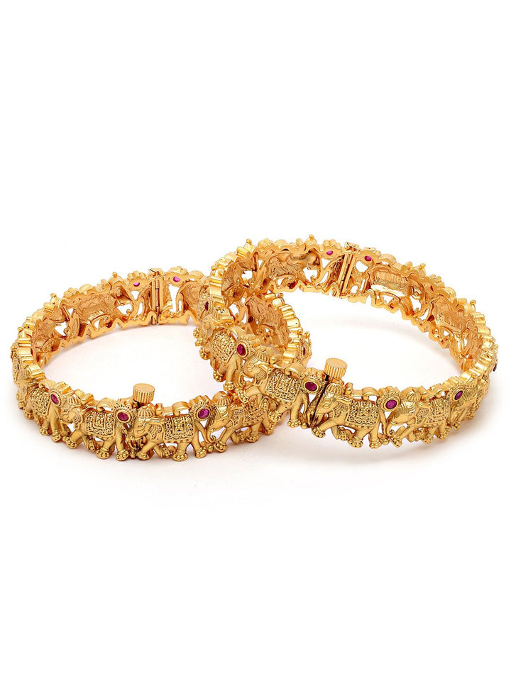KARATCART Set Of 2 Gold-Plated & Pink Stones-Studded Rajwadi Temple Bangles