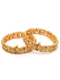 KARATCART Set Of 2 Gold-Plated & Pink Stones-Studded Rajwadi Temple Bangles