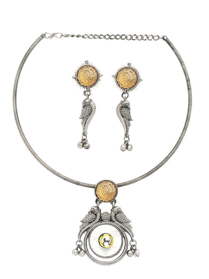 KARATCART Silver-Plated Oxidised Peacock Design Hasli Jewellery Set