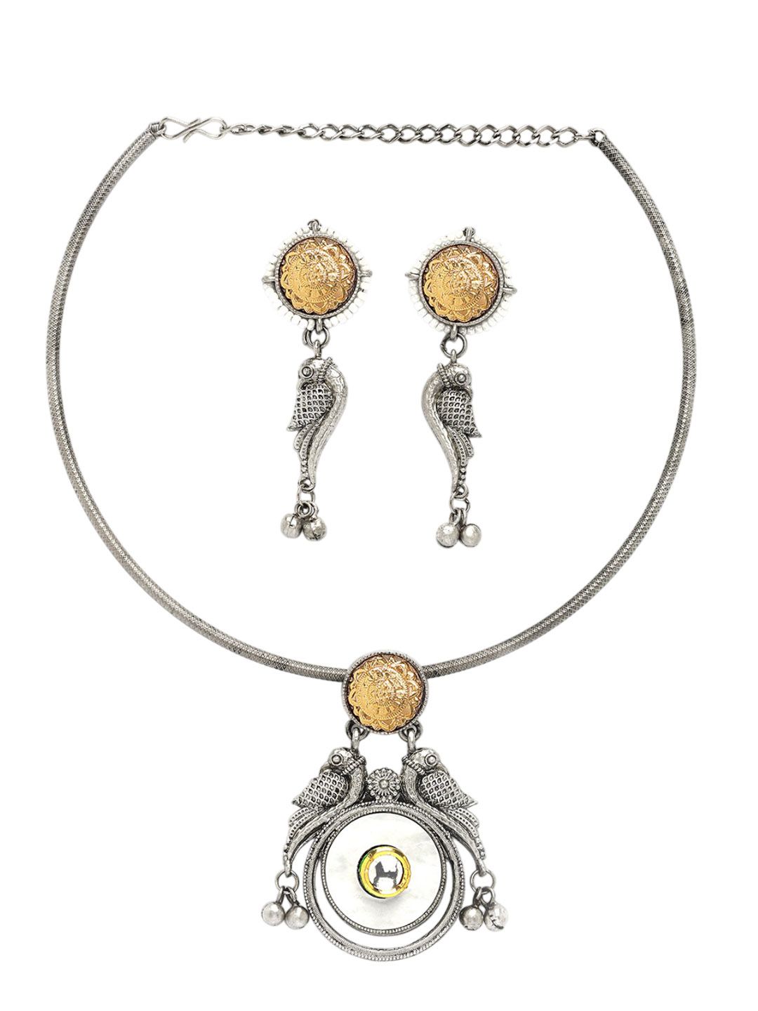 KARATCART Silver-Plated Oxidised Peacock Design Hasli Jewellery Set