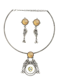 KARATCART Silver-Plated Oxidised Peacock Design Hasli Jewellery Set