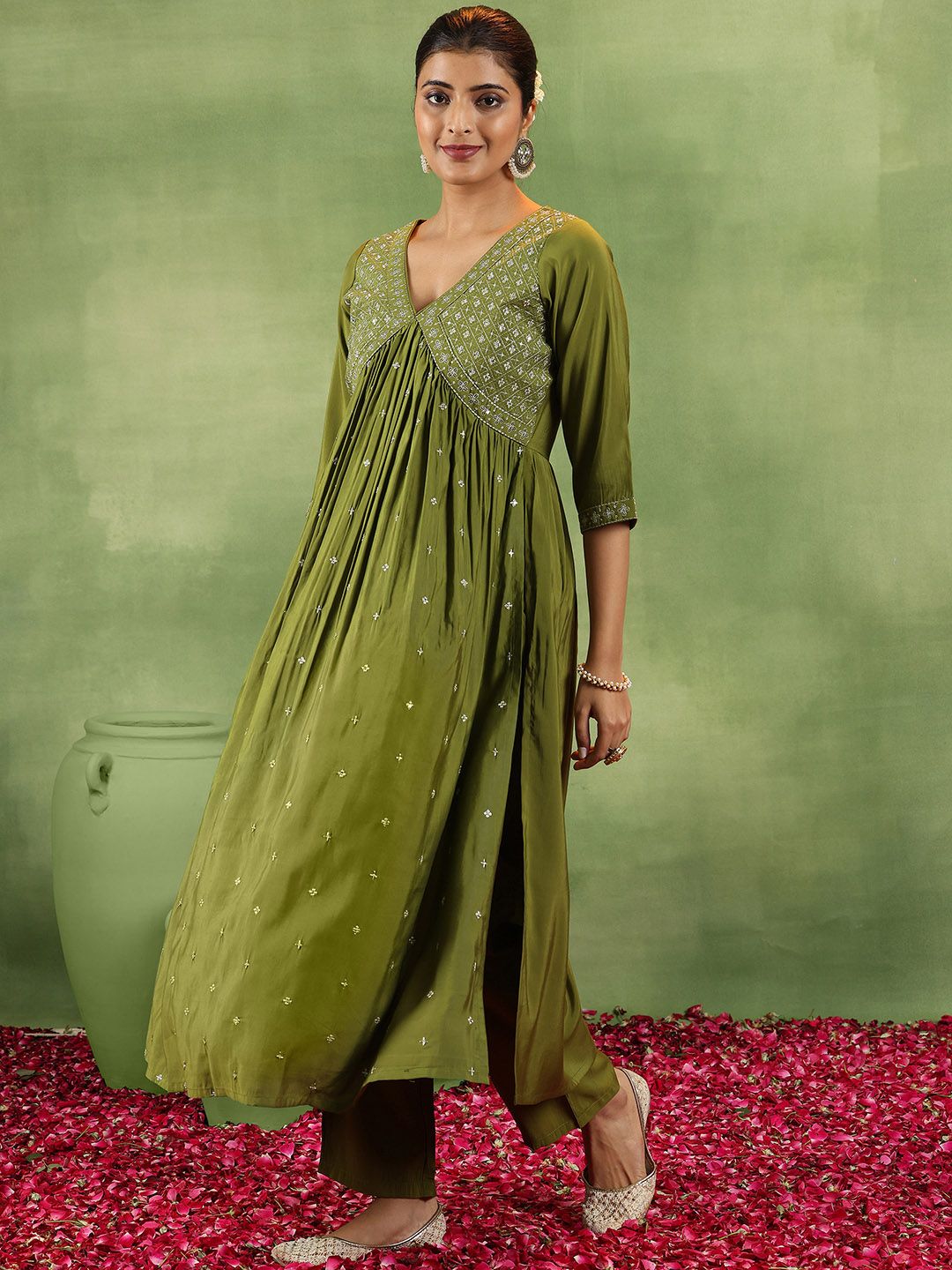 Libas Floral Embroidered V-Neck A-Line Kurta With Trousers