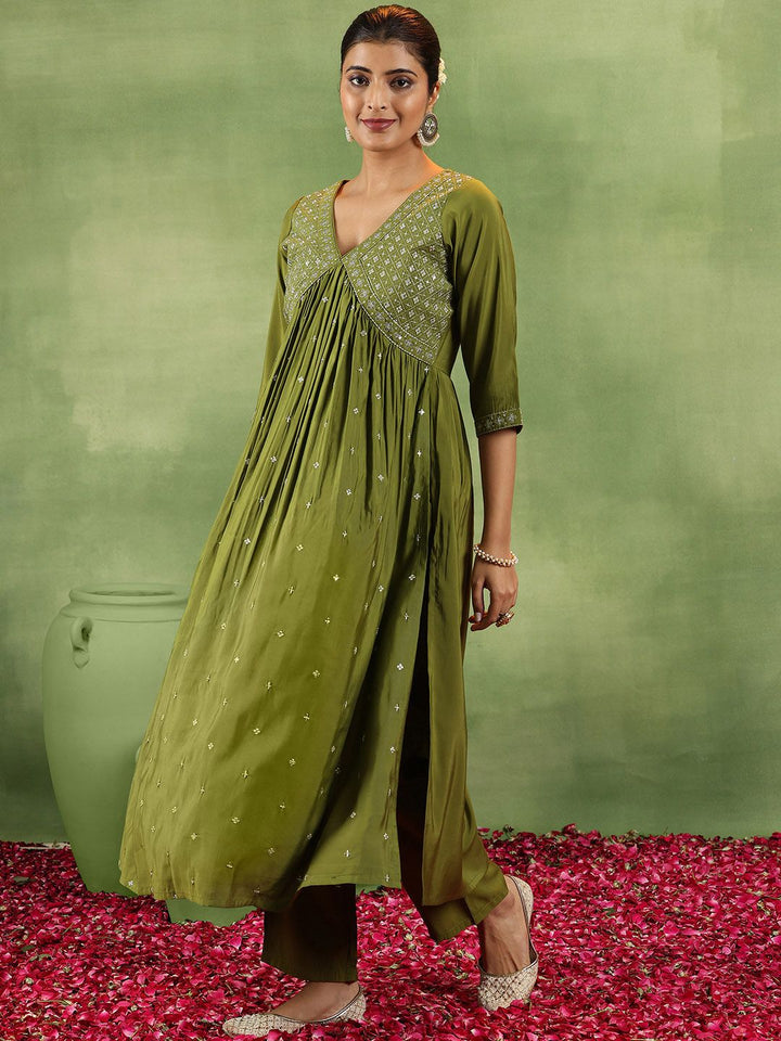 Libas Floral Embroidered V-Neck A-Line Kurta With Trousers