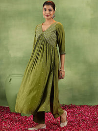 Libas Floral Embroidered V-Neck A-Line Kurta With Trousers