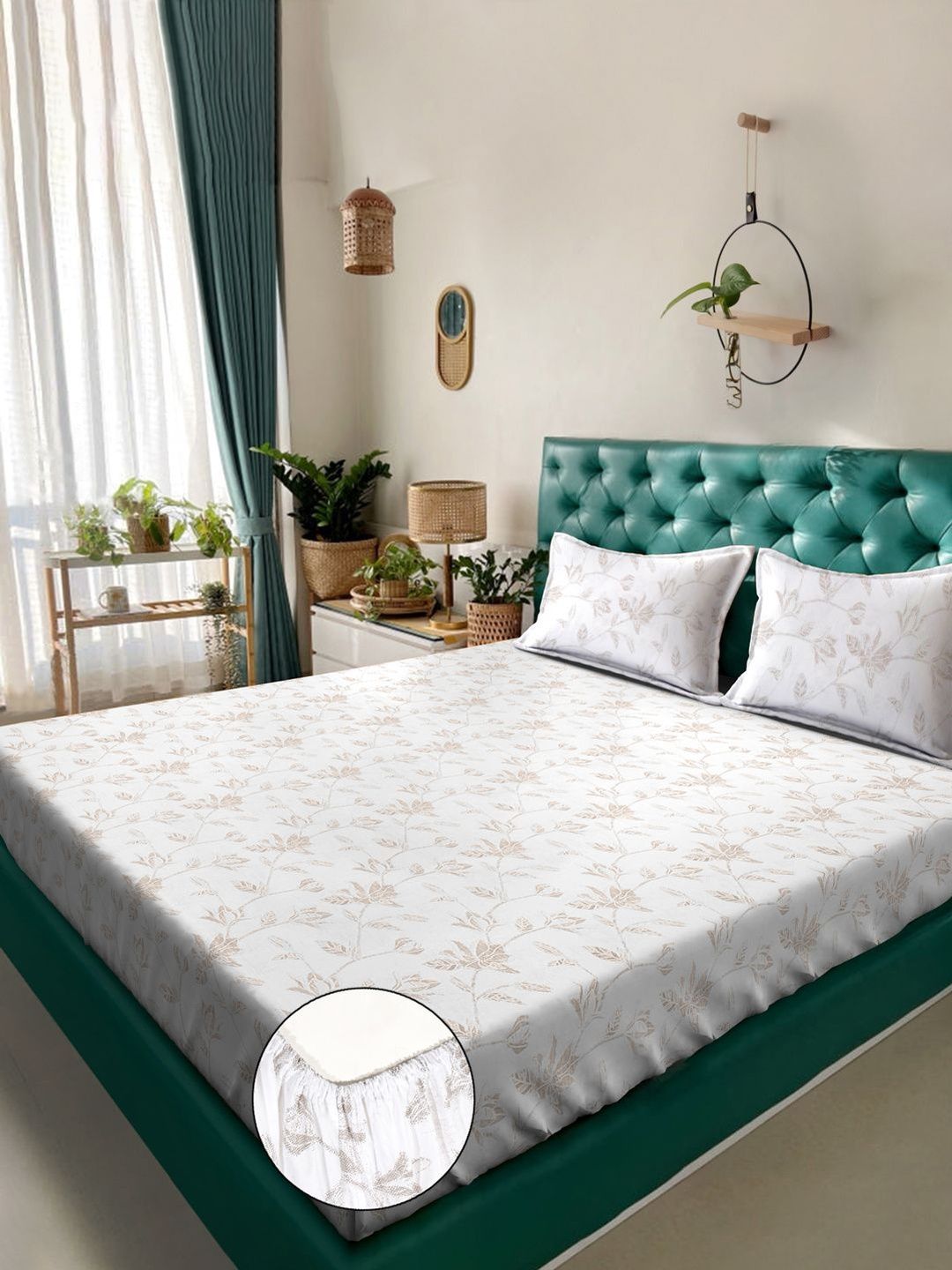 KLOTTHE White Floral Fitted 400 TC Pure Cotton Super King Bedsheet With 2 Pillow Cover
