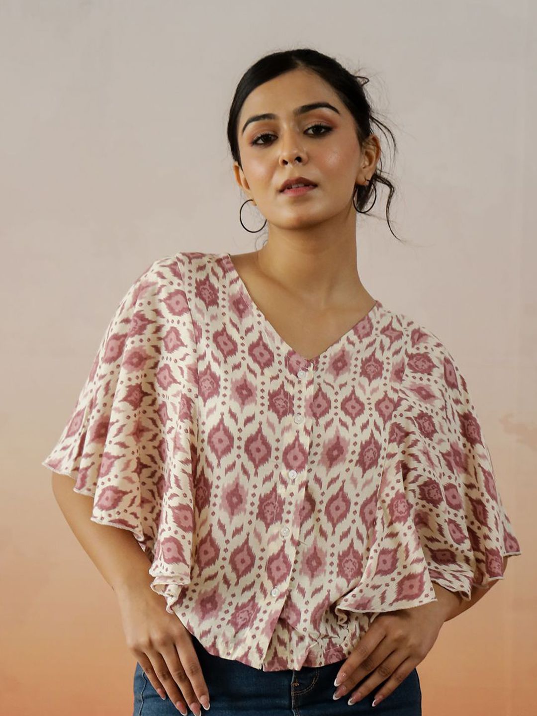 SANSKRUTIHOMES Women Abstract Prined Kimono Sleeve Pure cotton Top