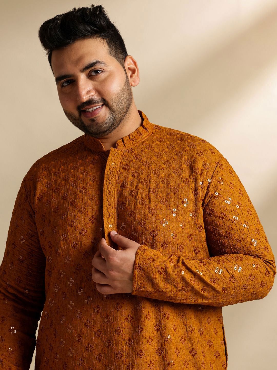 SOJANYA PLUS Men Plus Size Embellished Festive Cotton Straight Kurta