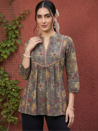 Mamicha Floral Print Mandarin Collar Puff Sleeve Cotton Top
