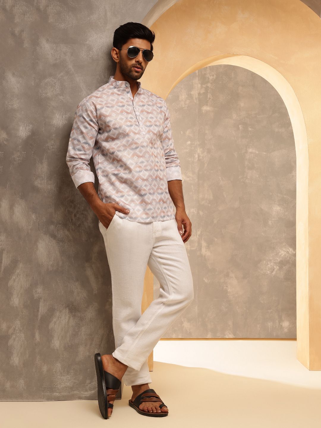 SOJANYA Geometric Printed Band Collar Cotton Linen Kurta Lurus