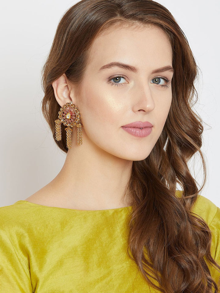 Anouk Gold-Plated Artificial Stones Studded Contemporary Shaped Drop Earrings