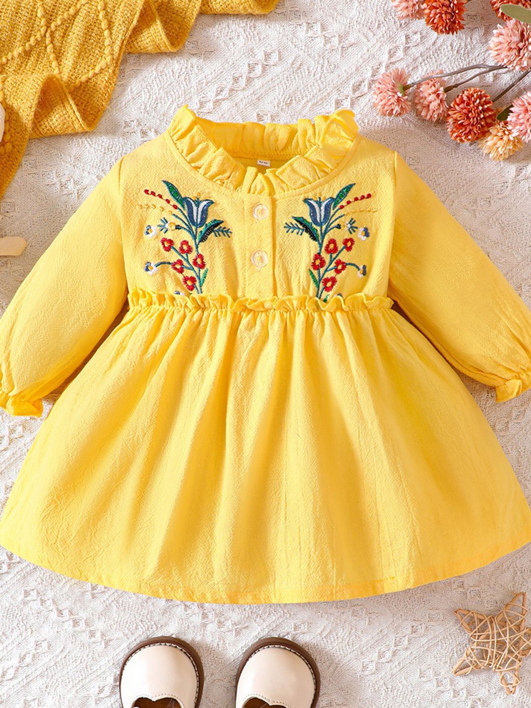 YK Girl Floral Embroidered Round Neck Peplum Dress