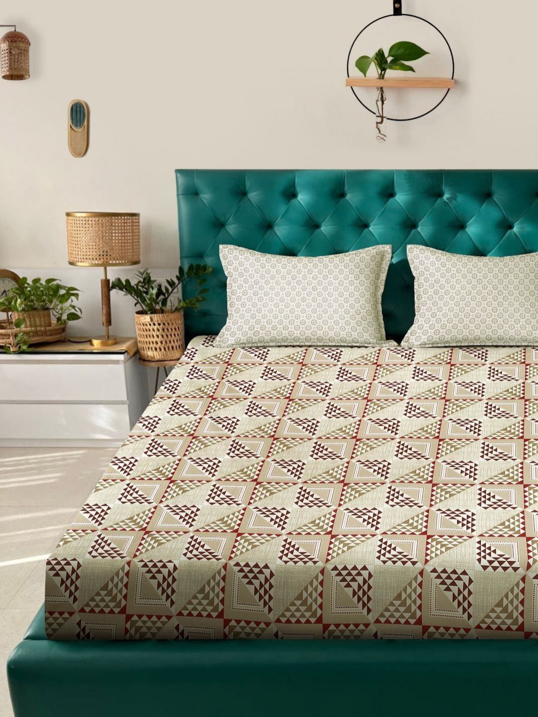 Myntra Elegant Homes Beige Geometric Cotton 400 TC King Bedsheet Set 2.50 m x 2.25 m