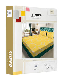 KLOTTHE Yellow Geometric Printed Fitted 300 TC Double King Bedsheet With 2 Pillow Cover