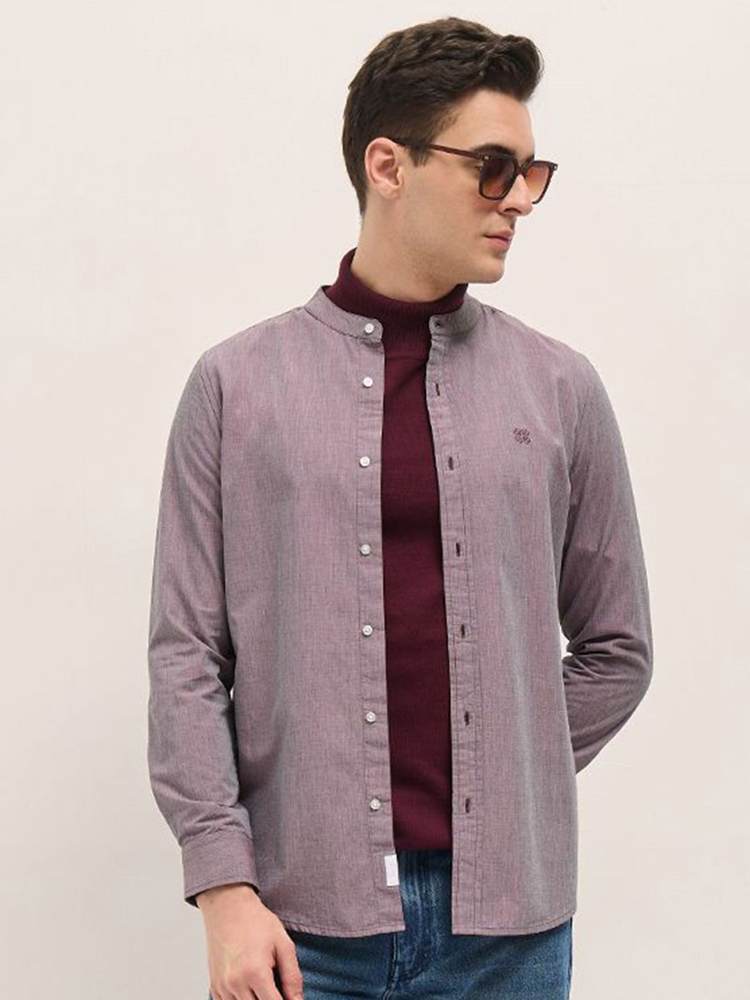 THE BEAR HOUSE Men Mandarin Collar Textured Solid Cotton Slim Fit Casual Shirt