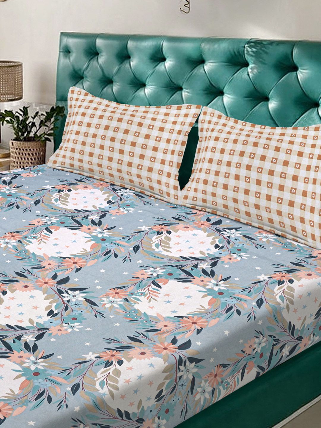 Aura Blue & White Floral Printed Set Cadar King 300 TC 2.5 m x 2.25 m
