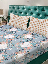 Aura Blue & White Floral Printed Set Cadar King 300 TC 2.5 m x 2.25 m