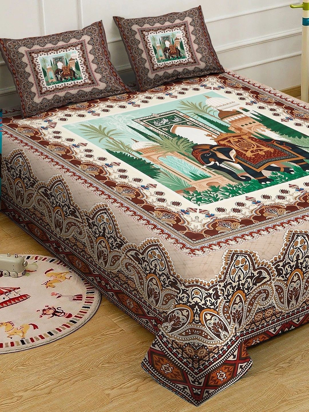 KLOTTHE Multicoloured Ethnic Motifs 400 TC King Bedsheet with 2 Pillow Covers