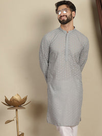 Anouk Motif Etnik Kelabu Bersulam Kolar Mandarin Lengan Panjang Kurta Benang Kapas