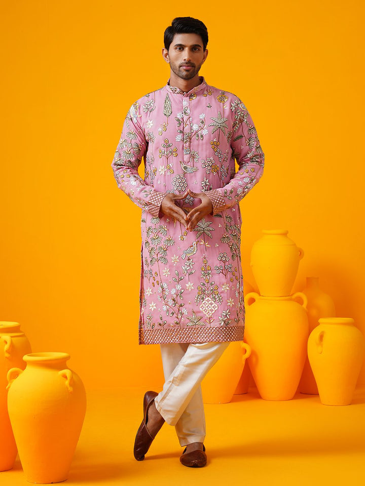 SOJANYA LUXE Floral Embroidered Mandarin Collar Georgette Straight Kurta With Trouser