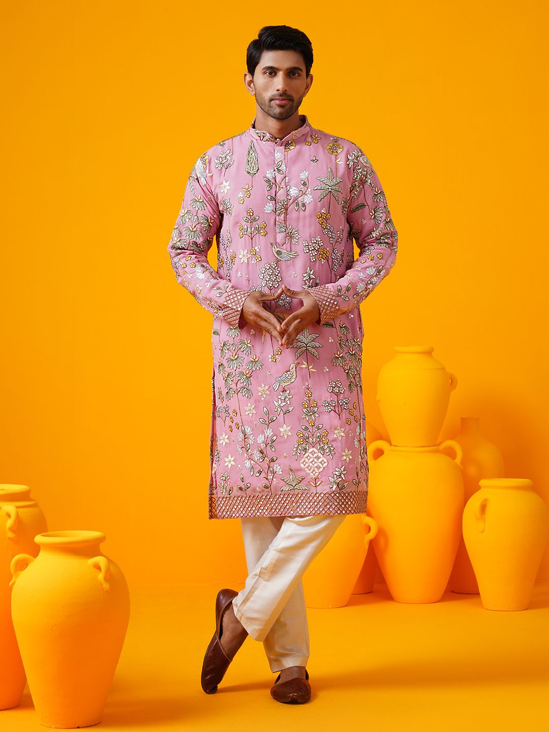 SOJANYA LUXE Floral Embroidered Mandarin Collar Georgette Straight Kurta With Trouser