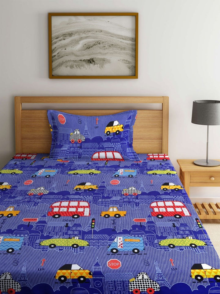 Myntra Elegant Homes Blue Graphic Polycotton 300 TC Single Cadar Halus dengan Sarung Bantal-79 x 59 inci
